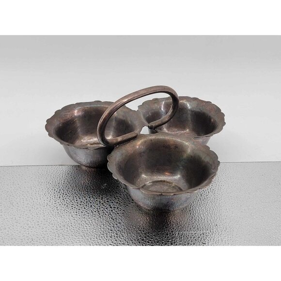 Vintage Silver-Plated Triple Bowl Condiment Server With Handle - Picture 2 of 5